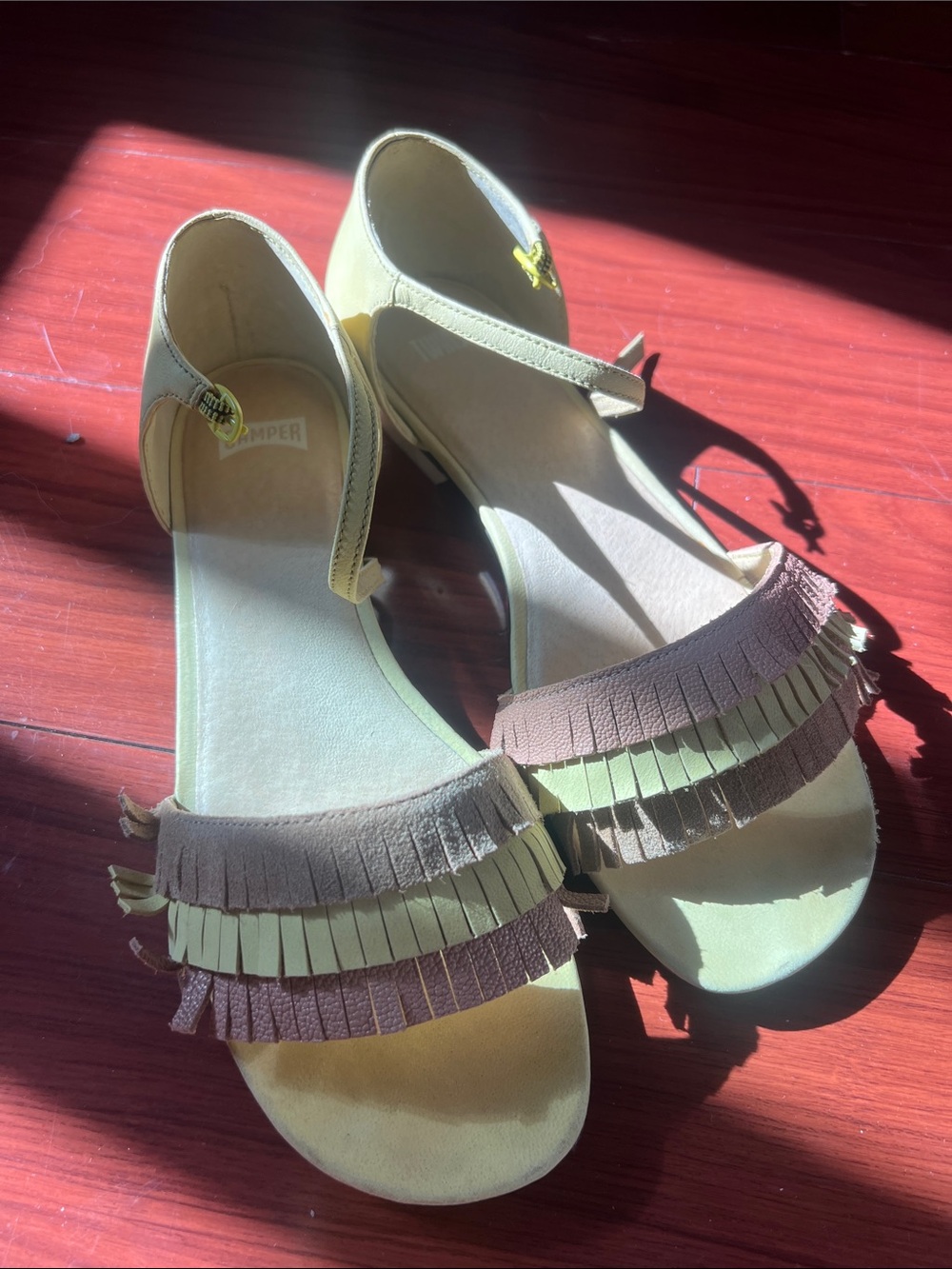 Camper Women’s Olive and Brown Fringe Ankle-Strap Sandals